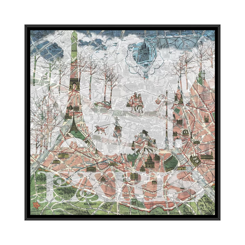 «Paris, Old Map», impression sur toile, H 18 po x l 18 po x P 1,5 po, Pas de tapis, Toile avec cadre noir