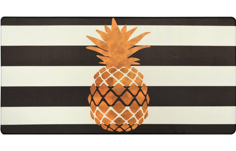 Gold Pineapple Black and White Striped Anti-Fatigue Kitchen Mat