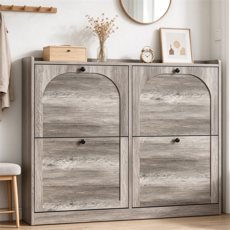 Arched Slim Shoe Cabinet — 4 Flip-Open Drawers + 2 Side Entry Hooks — Holds 16–24 Pairs — 3-Position Adjustable & Removable Shelving — Narrow Entryway Shoe Storage