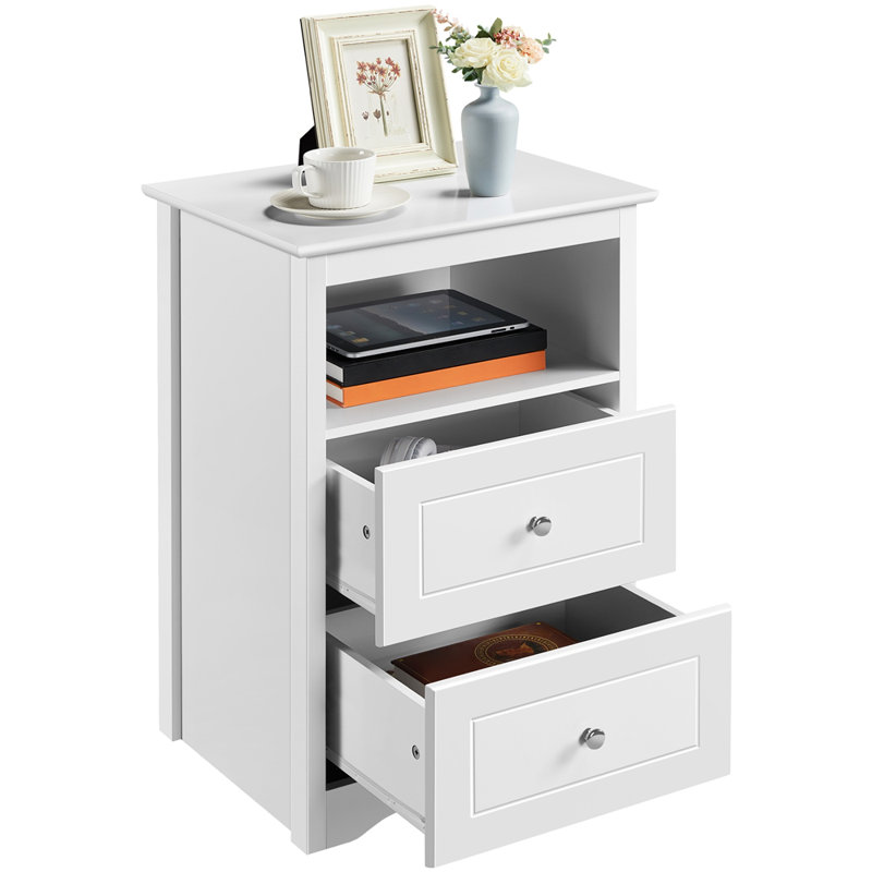 Table de chevet 2 tiroirs en bois avec tablette ouverte Anitrea, Blanc