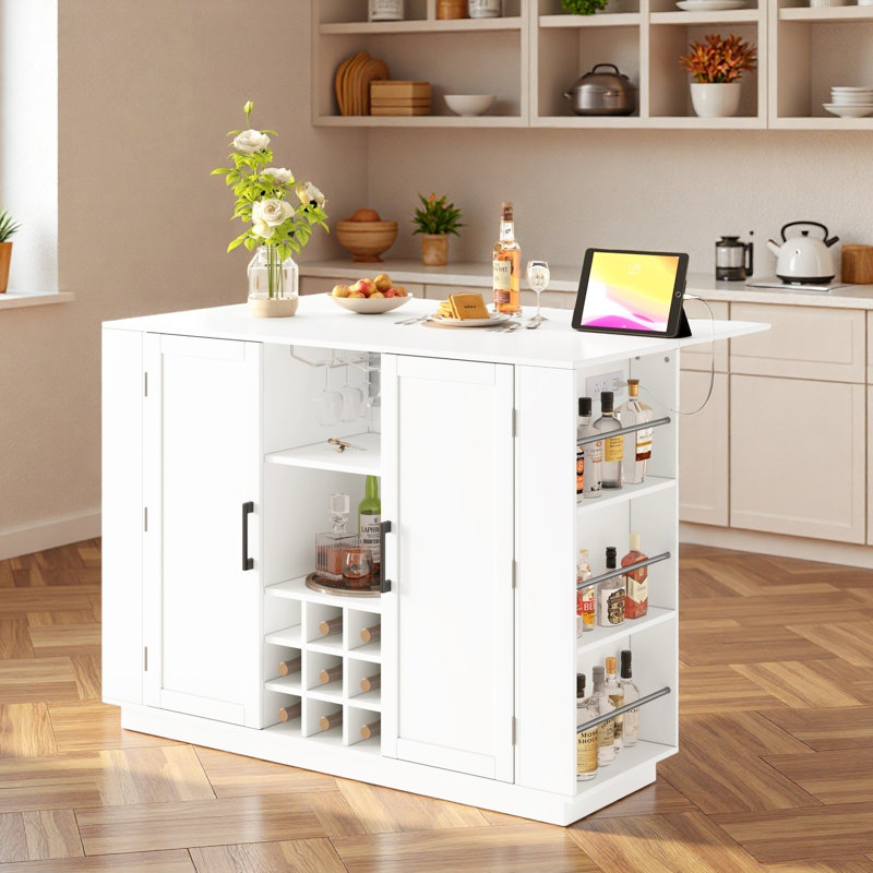Multifunctional Kitchen Island With Foldable Top, Power Outlet, Wine Rack, Stemware Holder, Open Side Shelves And Adjustable Shelves