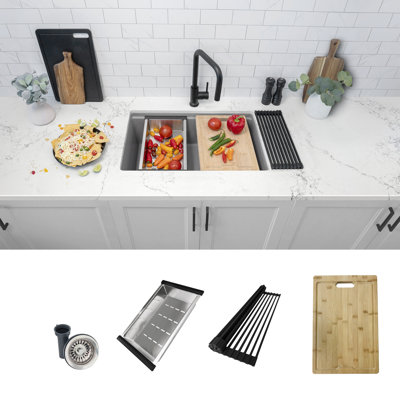 Évier de cuisine encastré ou encastré en composite de granite 28 po x 18 po avec accessoires encastrés gris