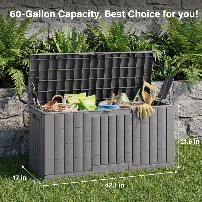 Storage Box, 60 Gallon Deck Box Indoor and Outdoor Use, Waterproof Resin Storage Bin for Patio Furniture, Gray