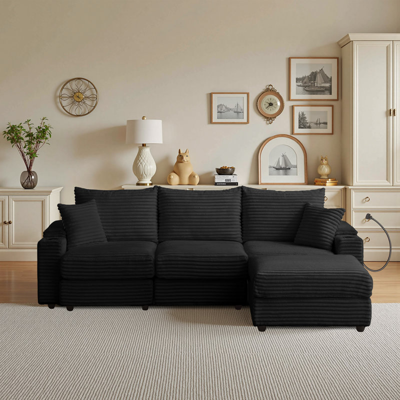 Canapé modulaire 4 pièces avec repose-pieds, canapé-lit modulaire rembourré en velours côtelé confortable avec porte-gobelets et port USB, support pour téléphone, rangement pour accoudoirs, siège profond surdimensionné