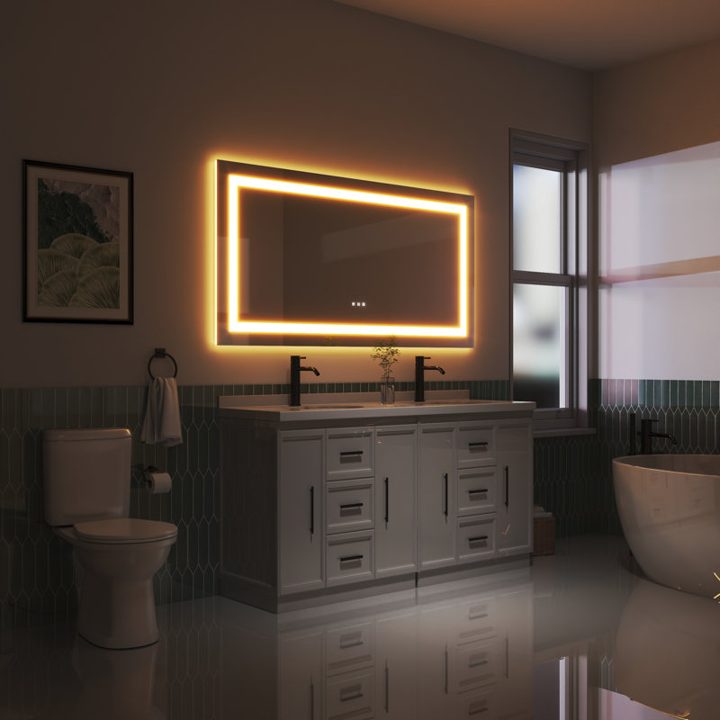 Led Bathroom Durable Tempered Mirror 72x 32, Dimmable Vanity Mirrors For Wall, Anti-fog, 3 Colors Adjustable, Memory, Double Led Lights ( Front And Backlit )