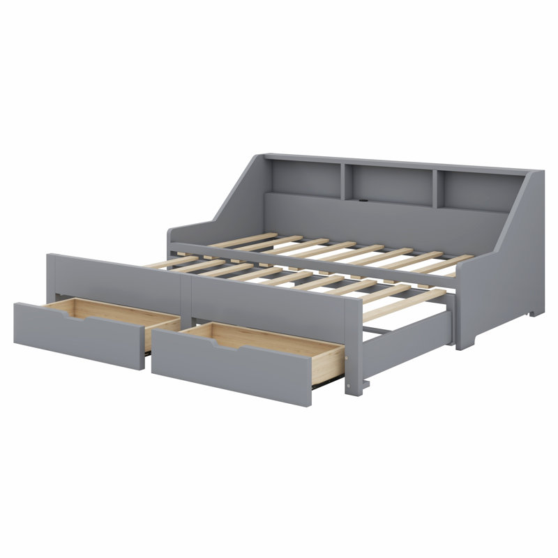 Daybed Frame With Storage Bookcases And Two Drawers,Charging Design, Gray