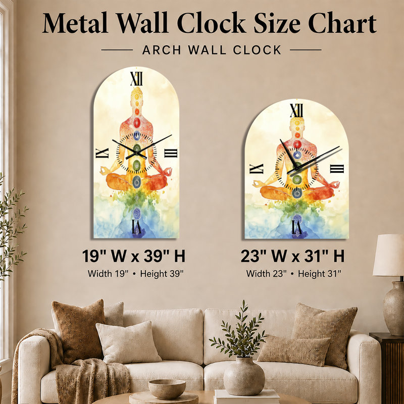 Chakras en équilibre radieux I - Horloge murale décorative Zen en forme d'arche, H 31 po x l 23 po - Arche