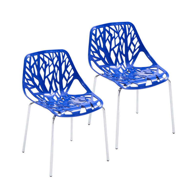 Dufresne Stacking Dining Side Chair with Floral Cutout Design and Stainless Steel Legs, Blue