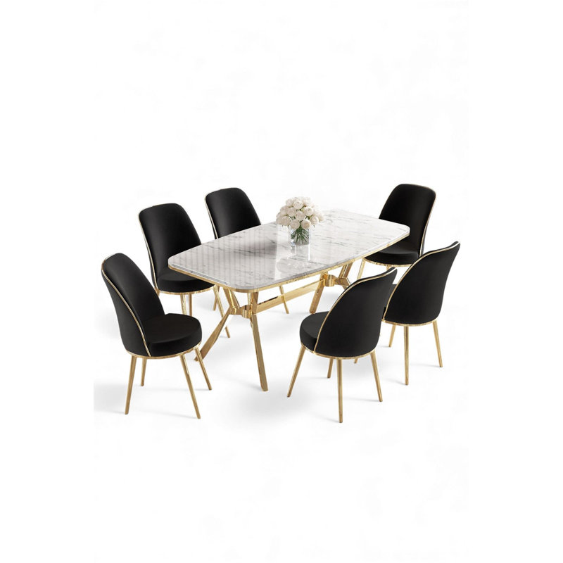 Ensemble de table et chaises de salle à manger (7 pièces), 7 Pieces: Table, 6 Chairs, White Marble/Gold, Black