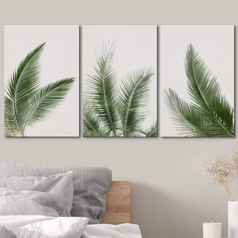 «Minimal Botanical Green Tropical Jungle Palm Tree Leaf Botanical Simple Décor», reproduction d'art encadrée sur toile 3 pièces