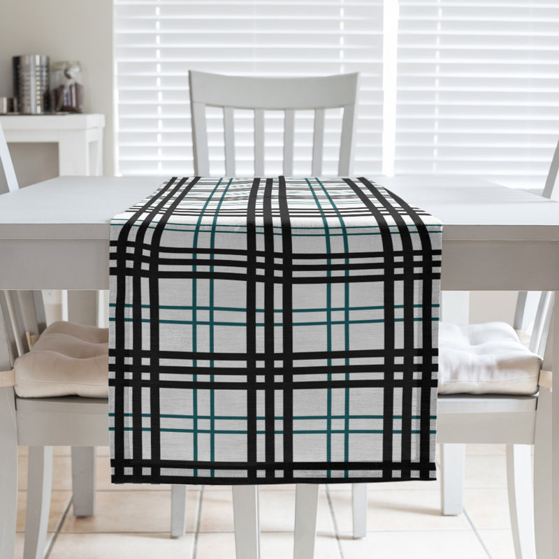 Paid Polyester Table Runner, 90" L x 16" W, White/Midnight Green/Black