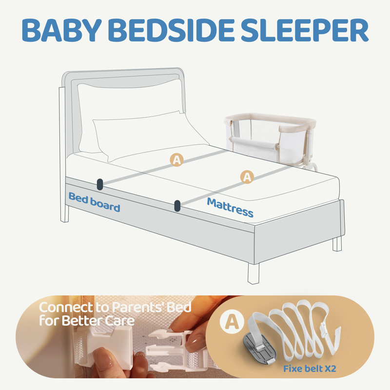 Bedside Cot with Mattress, Beige