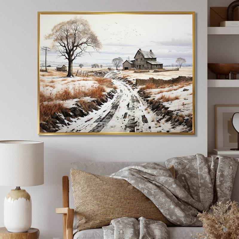 " Winter Farm Monochrome Harvest I ", 16" H x 32" W x 1" D, Gold Floater Framed