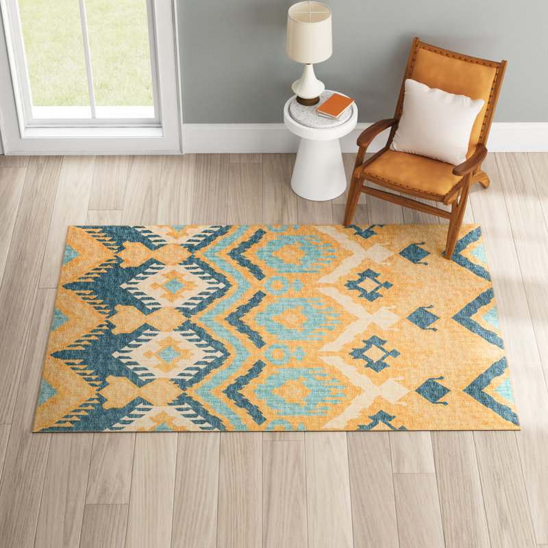 Tapis jaune / blanc / bleu tissé à la machine Hubbs, Rectangle 8 pi x 10 pi