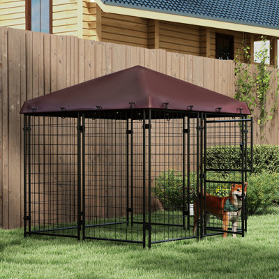 4.6' X 5' Outdoor Dog Kennel, Made, Waterproof, Steel For Small To Medium Sized Dogs, Brown Run House Enclosure 5', Heavy-duty Two-door,