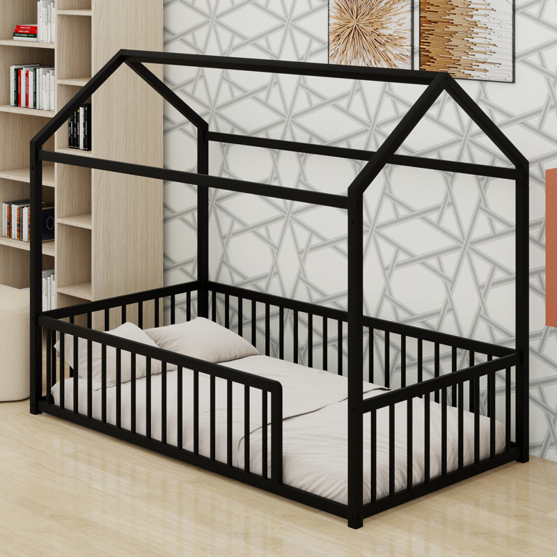 Lit sur pied Montessori avec conception de maison et clôture de protection, Lit simple, Noir