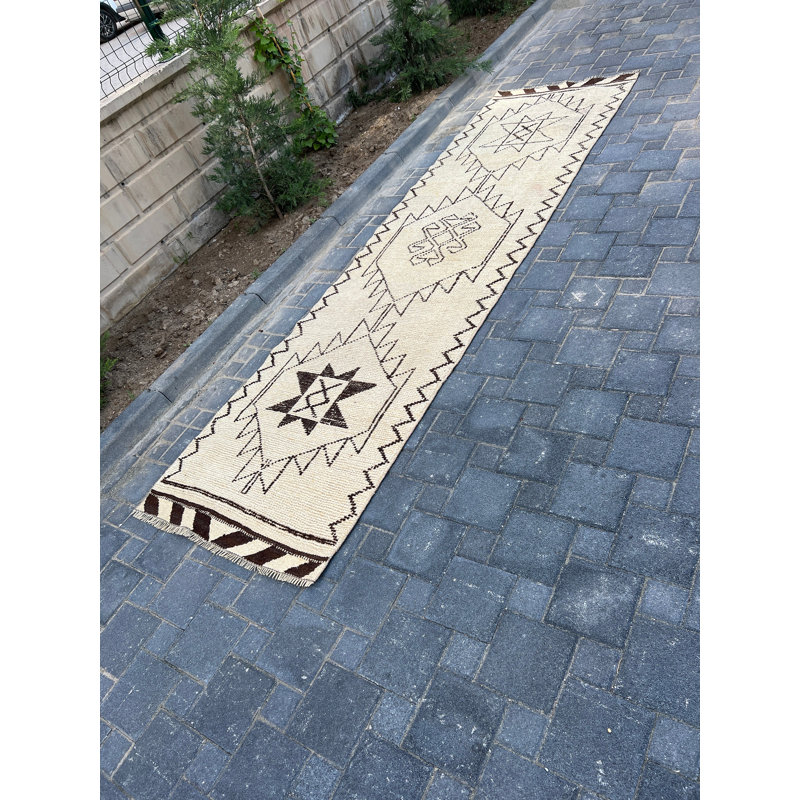3.1x11.5 Ft Bohemian Wool Runner Rug, Beige Patchwork Design