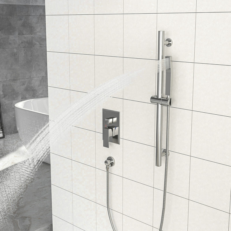 Wall Mounted Shower System, 10 Inch Square Rainfall Head, 26.18 Adjustable Slide Bar, Dual Function, Easy To Clean Nozzle, Brushed Nickel Installation, Finish