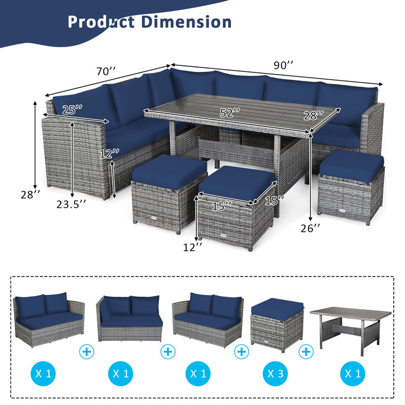 9 - Person Patio Conversation Set with Cushions, Navy Blue