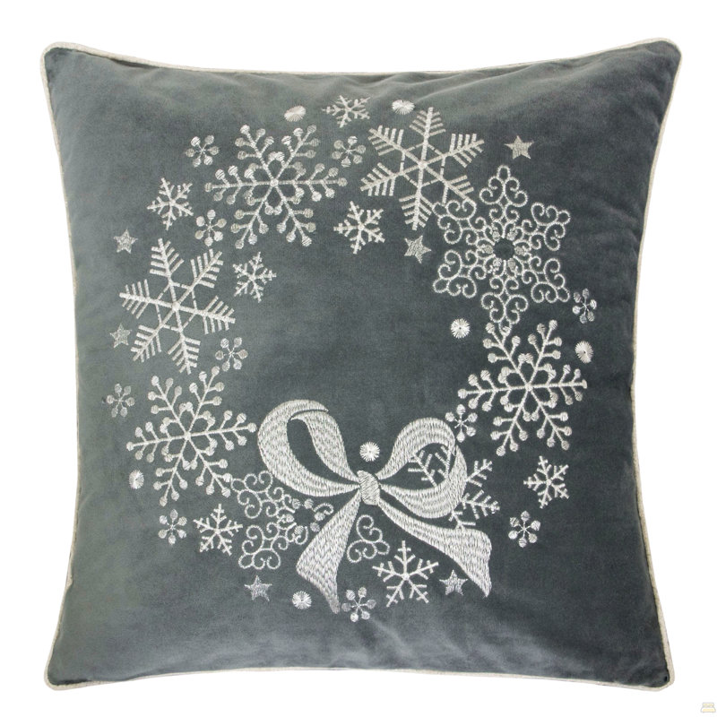 Coussin décoratif en velours avec couronne de flocons de neige brodés, 20 x 20 avec insert, Simple
