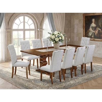 Ensemble de table de salle à manger 11 pièces moderne comprenant une table rectangulaire en bois avec rallonge amovible et 10 chaises Parsons en lin gris, noyer