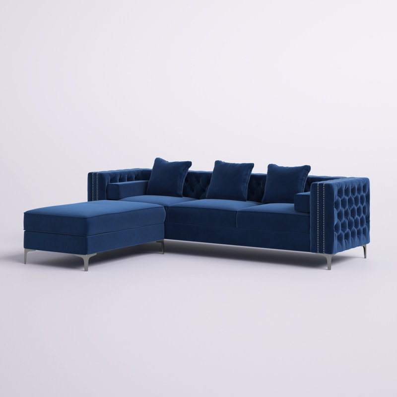 Canapé modulaire réversible en velours et chaise longue avec repose-pieds Dawson, Bleu