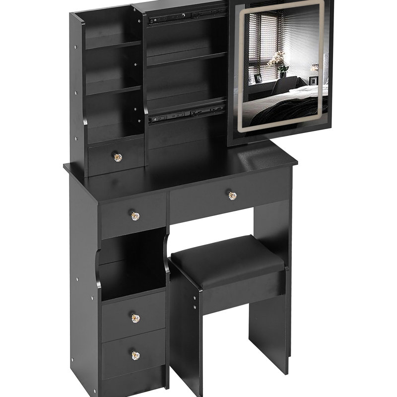 29.2" Small - Sized Vanity Table With Left Drawer, Cushioned Stool, And Tri Color Switching Brightness Adjustable Mirror For Living Rooms Scale Bedrooms