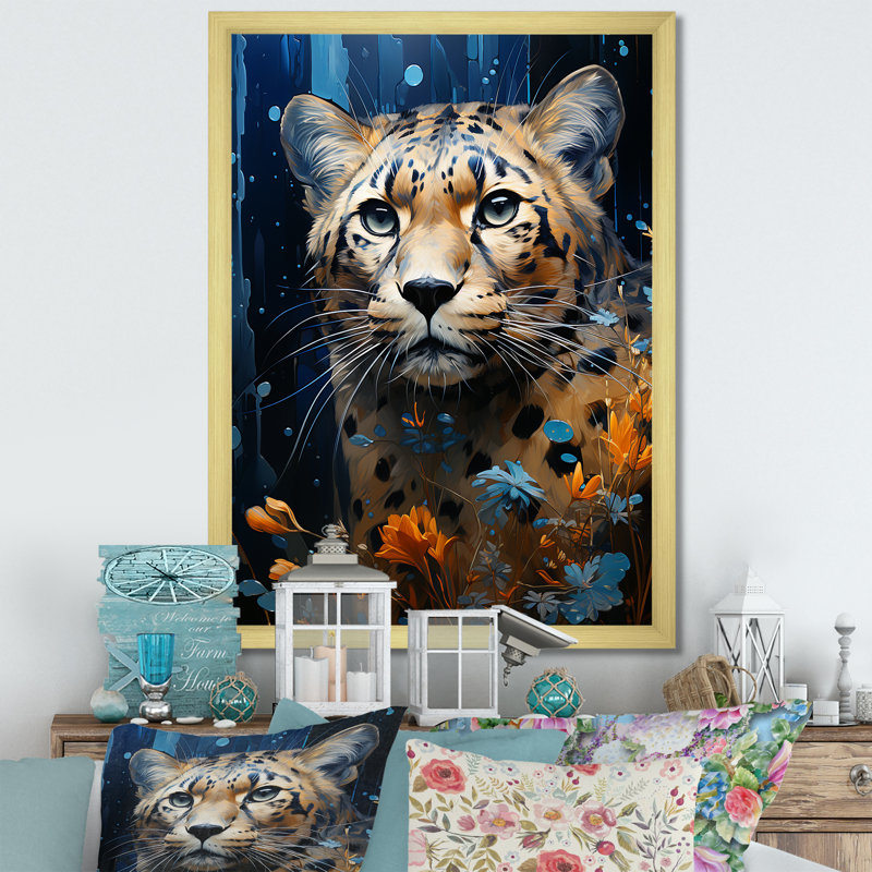 «Blue Leopard Serenity» - art mural léopard / guépard, Cadre doré simple, H 32 po x l 24 po x P 1 po