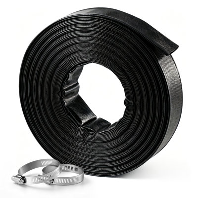 Tuyau de refoulement 2 po x 100 pi, tuyau de pompe à eau à contre-courant plat en PVC, pour filtre à sable de piscine et pompe de puisard, robuste, drainage par transfert d'eau, résistant aux intempéries et aux éclats, avec pinces, noir