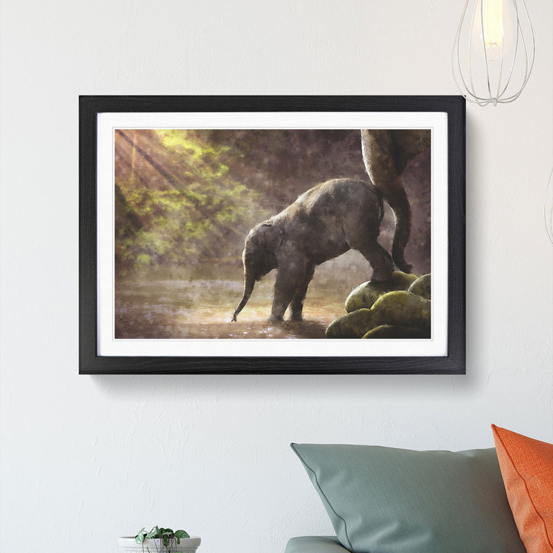 Mother Elephant Encouraging Baby - Picture Frame Painting Print, 33cm H x 45cm W x 2cm D, Black Framed