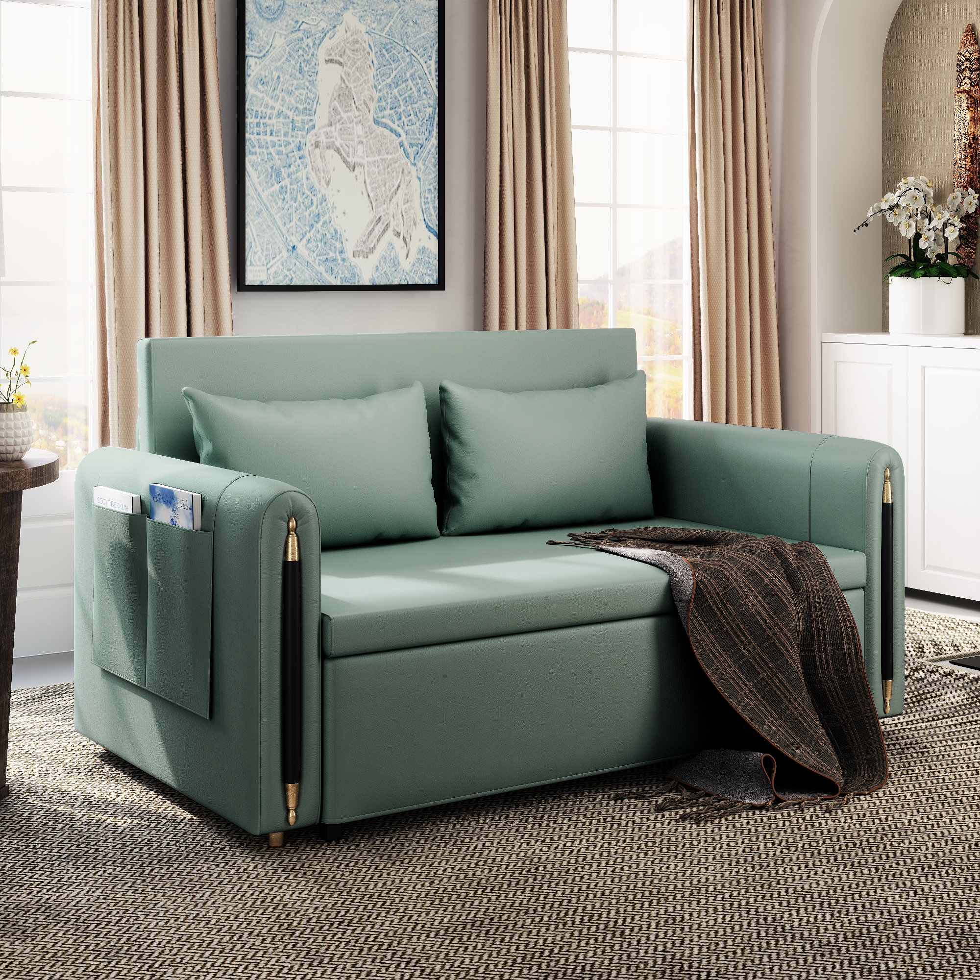Mercer41 Shida Upholstered Sleeper Sofa Green Couch Faux Leather Green ...