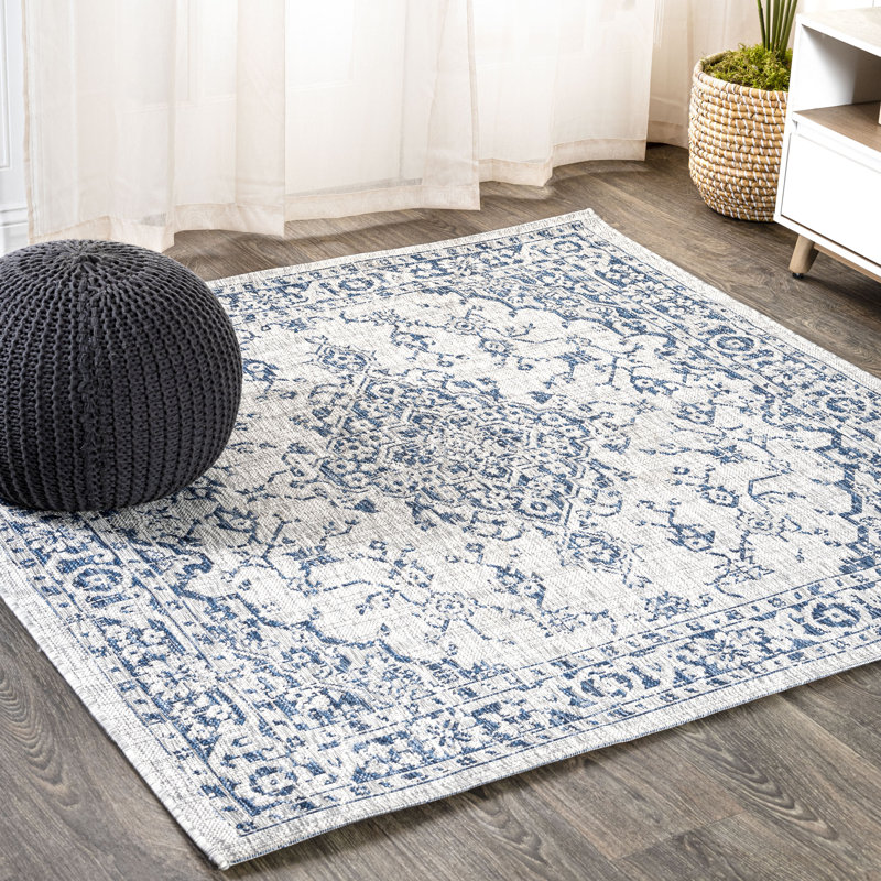 Tapis d'intérieur / extérieur gris / bleu marine Nate Boho, Carré 5 pi 3 po