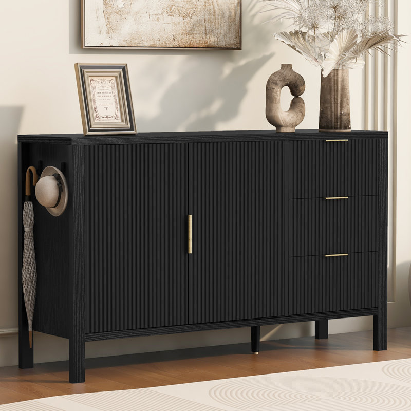 Elzy Wave-Pattern Wooden Sideboard with 3 Drawers & Hooks, Black