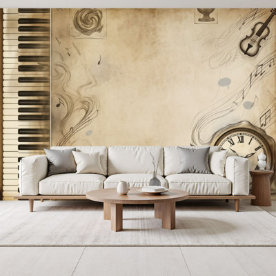 Papier peint à peler et coller Graffiti musicales, touches de piano rétro, horloge de musique, sépia, murales, sépia, 69 po x l 96 po, papier peint amovible, adhésif mural pour studio de musique, salle de classe, maison