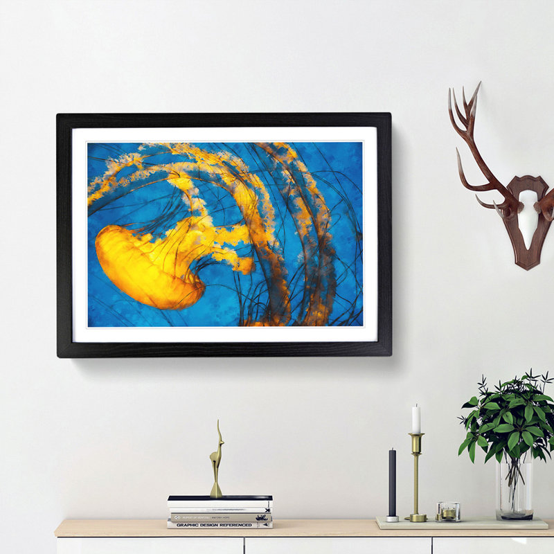 Yellow Jellyfish - Picture Frame Painting Print, 45cm H x 63cm W x 2cm D, Black Framed