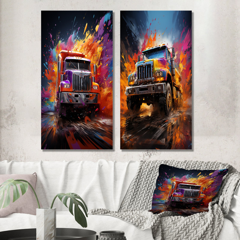 «Expressionist Monster Truck Fury» - ensemble de 2 décorations murales, H 40 po x l 41 po, Toile tendue