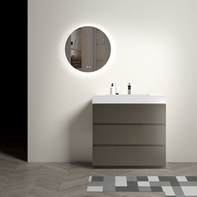 Meuble-lavabo gris de 36 po - Design moderne. Rangement spacieux, doux et silencieux. Lavabo blanc. Poignée -. Pré-assemblé avec. Max ergonomique.