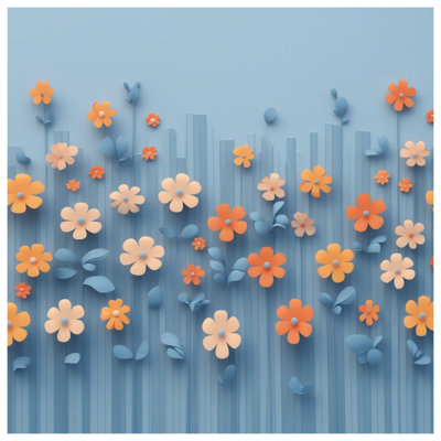 Tapis de bain orange, fleurs bleues