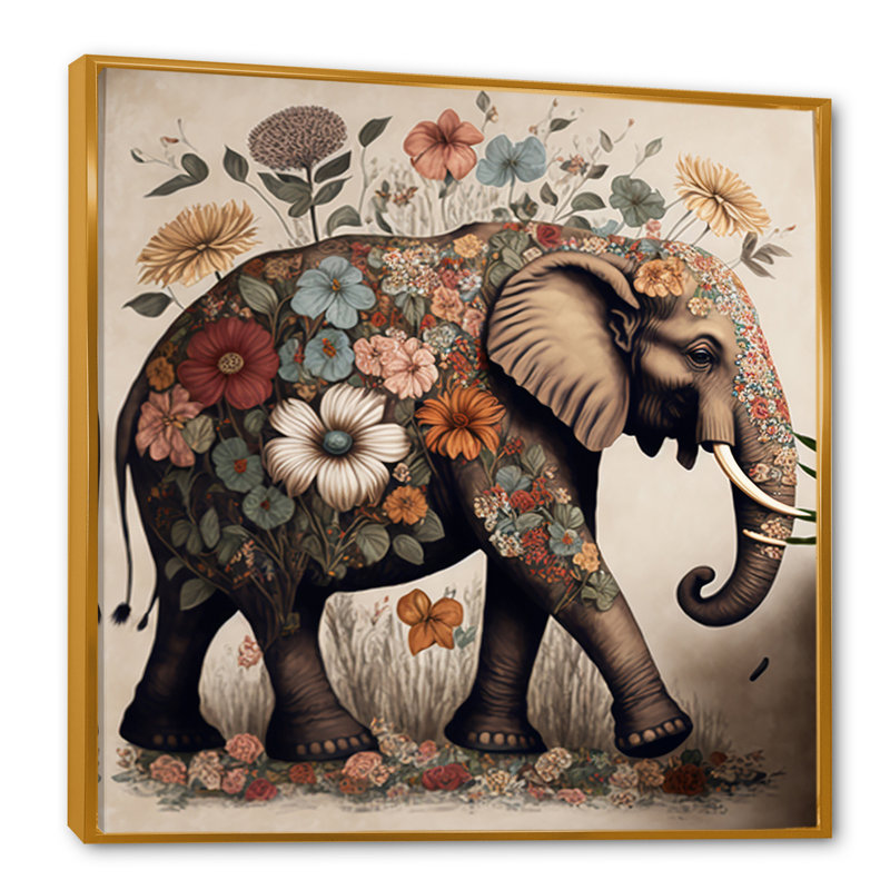 «Kantrice Retro Elephant entouré de fleurs II», reproduction sur toile, L 24 po x H 24 po, Toile avec cadre flottant or