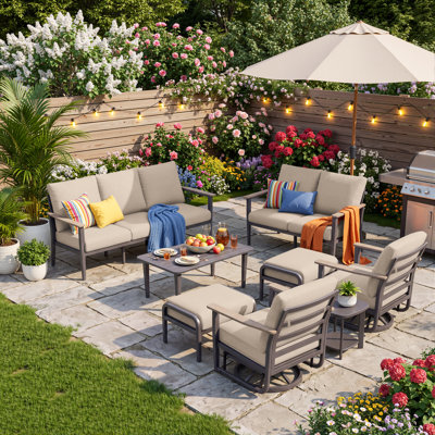 Ensemble de conversation pour patio extérieur 9 personnes avec 2 chaises berçantes pivotantes, 2 poufs, une table basse et une table d'appoint