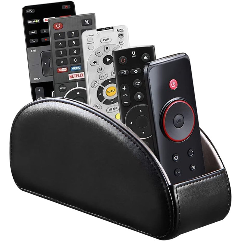 PU Leather Remote Control Holder with 5 Compartments - Storage Tray & Desktop Organizer for TV Remotes