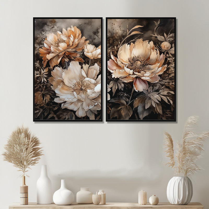 Art mural sur toile crème pivoines brunes - grandes pivoines, 36" H x 48" W, Framed Print without Mat, Black
