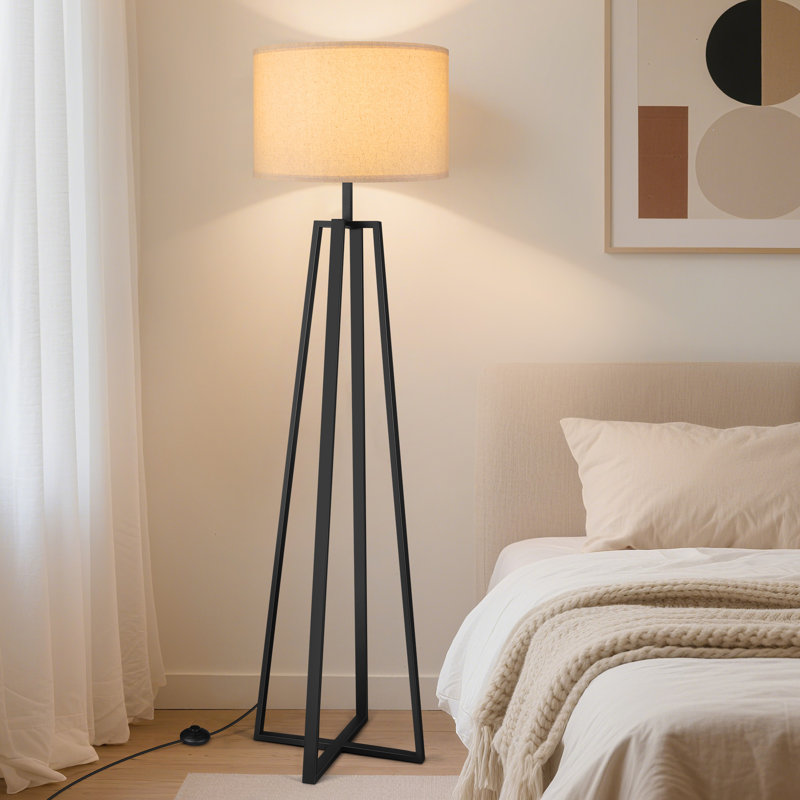 Abat-jour 64,5 po en lin avec 3 ampoules DEL à température de couleur, lampadaire Mid-Century noir