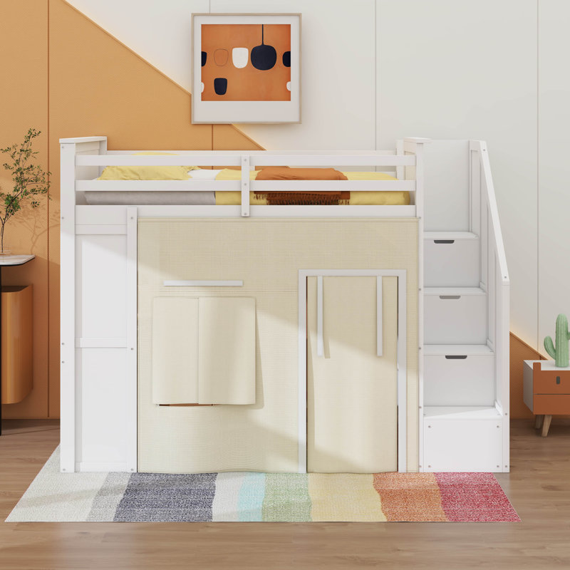 Loft Bed With Desk And Built-In Drawers, Wood Loft Bed With Storage Staircase And Curtain, Lockers