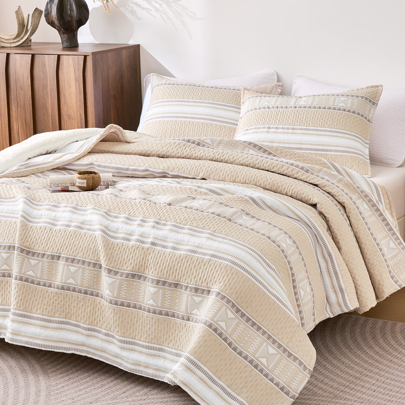 Sleep Zone King Size Cotton Jacquard Quilt Set 3 Pieces for All Season 106 x 96 Khaki Boho, King Quilt + 2 Shams, Khaki Boho