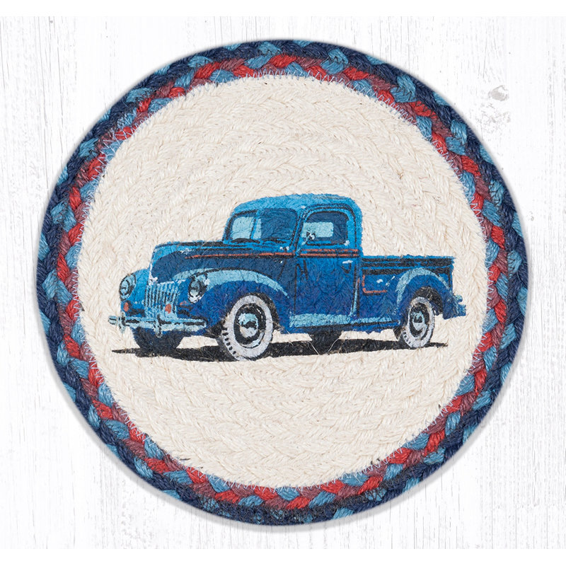  Trivet rond bleu à imprimé camion bleu - Jute chaude tressée à la main 10 po x 10 po, décor rustique campagnard