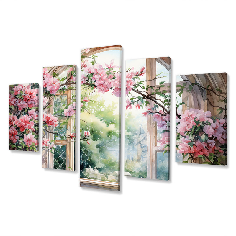 «Pink Blossoming Country Window Gaze IV», art mural à multiples panneaux pour le salon