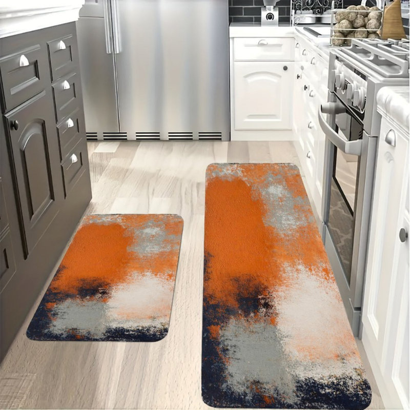 Tapis de cuisine orange orange abstraits, ensemble de 2 tapis audacieux pour la cuisine et le couloir