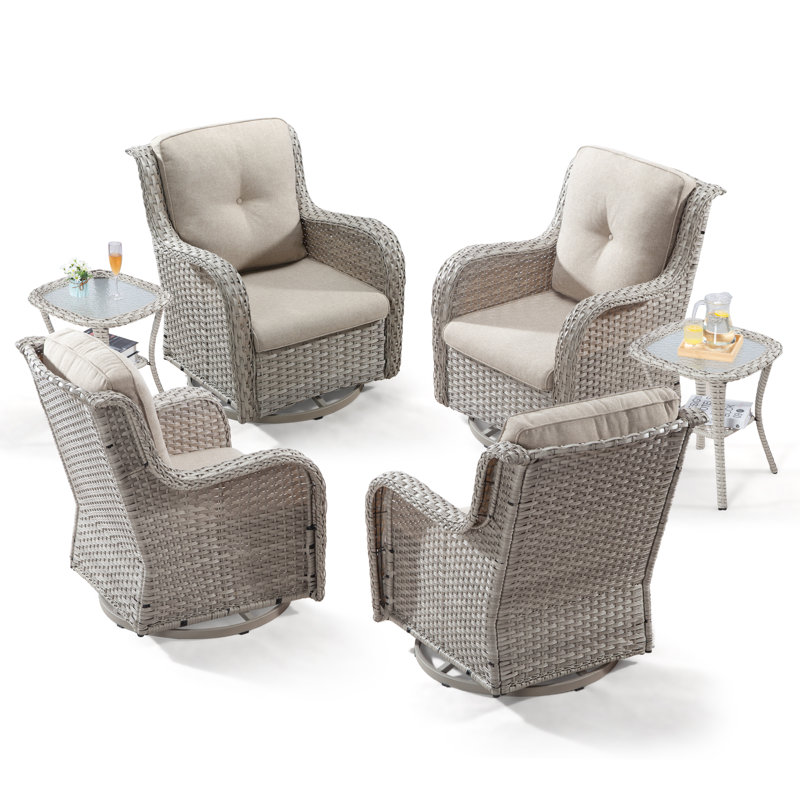 Maude 6-Piece Wicker Swivel Chair Set with Cushions, Beige, White