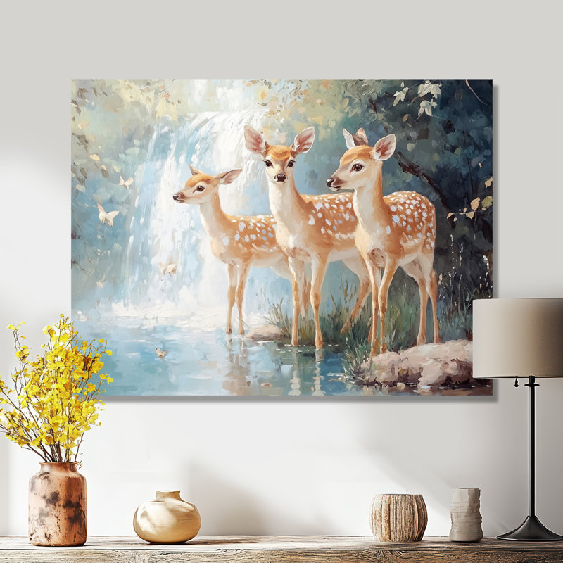 «Deer Family By A Waterfall I», art mural cerf, H 12 po x l 20 po, Toile tendue, Ne s’applique pas